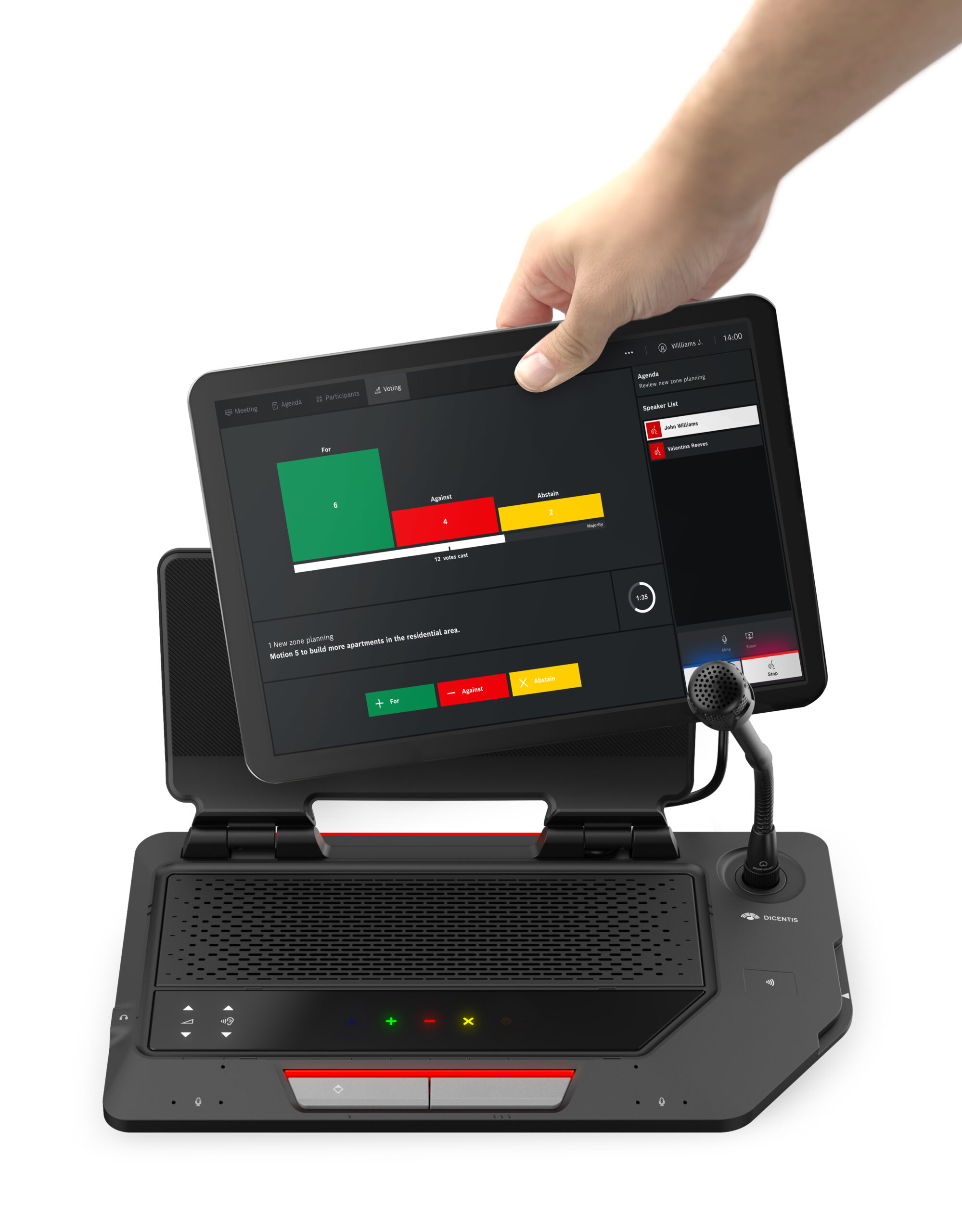 A tablet being placed into the docking station of the DICENTIS Multimedia device