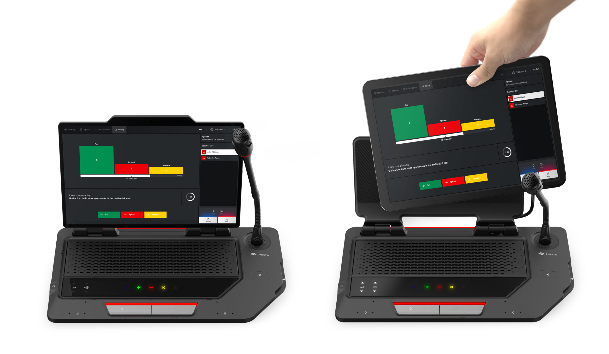 DICENTIS Multimedia device showing voting results on the built-in screen and on a docked tablet side by side